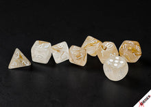 Load image into Gallery viewer, Lab Dice: Borealis Champagne/white Polyhedral 7-Dice Set (with bonus die)
