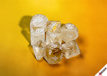 Load image into Gallery viewer, Lab Dice: Borealis Champagne/white Polyhedral 7-Dice Set (with bonus die)