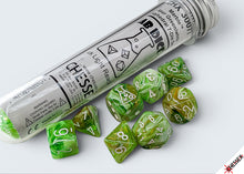 Load image into Gallery viewer, Lab Dice: Marble Sour Green/white Polyhedral 7-Dice Set (with bonus die)