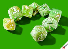Load image into Gallery viewer, Lab Dice: Marble Sour Green/white Polyhedral 7-Dice Set (with bonus die)