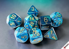 Load image into Gallery viewer, Lab Dice: Gemini Green-Teal/gold Polyhedral 7-Dice Set (with bonus die)