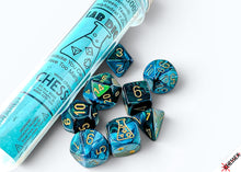 Load image into Gallery viewer, Lab Dice: Gemini Green-Teal/gold Polyhedral 7-Dice Set (with bonus die)
