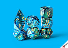 Load image into Gallery viewer, Lab Dice: Gemini Green-Teal/gold Polyhedral 7-Dice Set (with bonus die)
