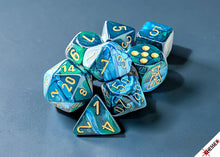 Load image into Gallery viewer, Lab Dice: Gemini Green-Teal/gold Polyhedral 7-Dice Set (with bonus die)